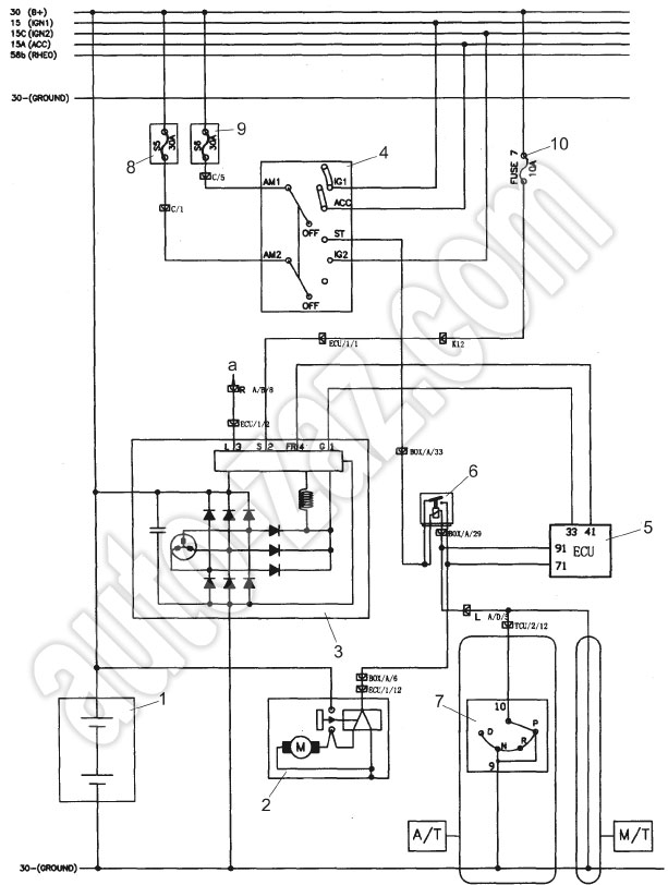 Схема подключения аккумуляторной батареи, стартера, генератора и выключателя зажигания Chery Eastar